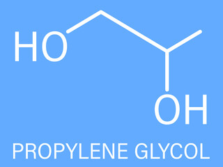 Propylene glycol or 1,2-propanediol molecule. Used as solvent in pharmaceutical drugs, as food additive, in de-icing solutions, etc Skeletal formula.