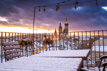 Scenic winter in city center. Cracow, Poland