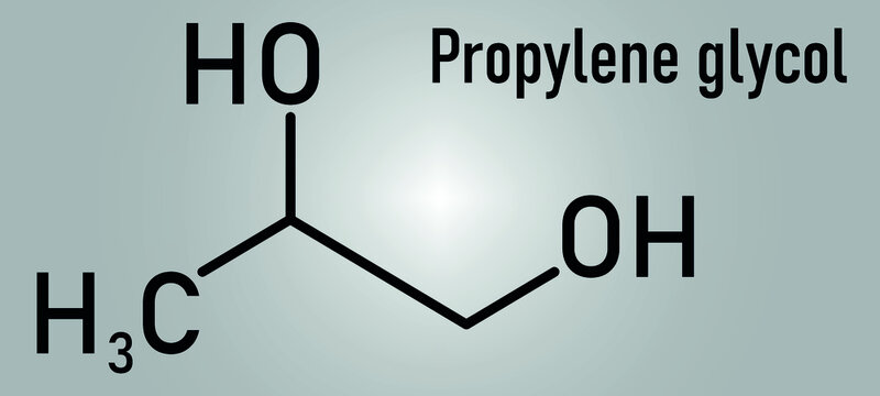 Propylene glycol or 1,2-propanediol molecule. Used as solvent in pharmaceutical drugs, as food additive, in de-icing solutions, etc Skeletal formula.