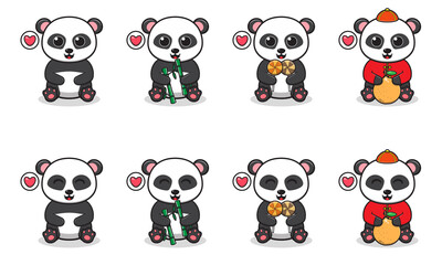 Naklejka premium Vector Illustration of Cute smiling Panda cartoon with siting and hand down pose. Set of cute smile Panda characters. Flat icons in cartoon style.
