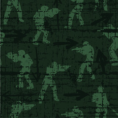 Seamless pattern with soldiers, weapons, guns, grunge. Background for textile, fabric, sport wear, socks, web, stationary, sports equipment, camouflage, packaging decor, web, backpacks.