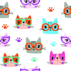 seamless pattern with cats, glasses, sunglasses, paw prints. Background for textile, fabric, kids, socks, web, stationary, wrapping, postcards, balloons , tablecloth, notebooks, kitchen dishes.