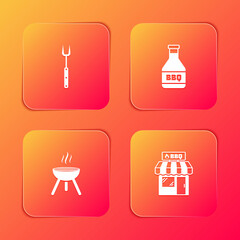 Set Barbecue fork, Ketchup bottle, grill and shopping building icon. Vector