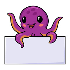 Cute little pink octopus cartoon with blank sign