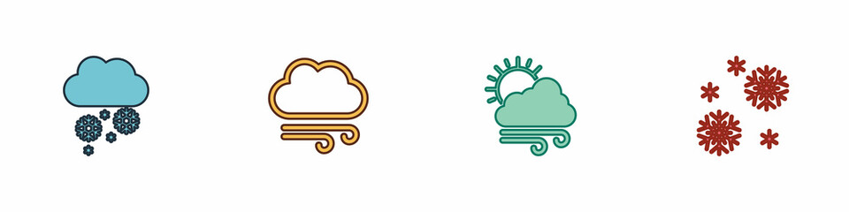 Set Cloud with snow, Windy weather, and Snow icon. Vector