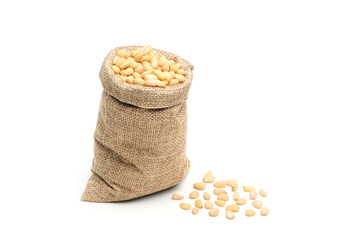 Siberian, Peeled pine nuts in burlap bag isolated on white background. Healthy nuts snacks....