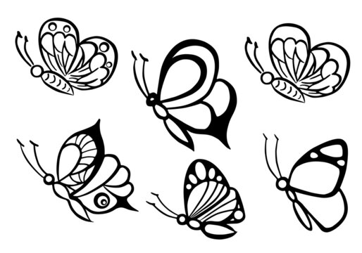 Butterfly set side view isolated on white background. Decorative butterfly silhouettes for invitation card, tatoo, logo, spa, beauty or packaging design, or other use. Vector illustration.