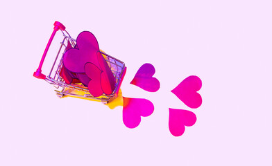 shopping cart with red hearts valentine's day concept