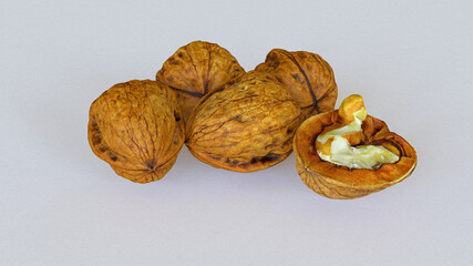Close view of walnut kernels isolated on white background high quality details