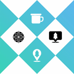 Set Wind rose, Location of the forest, Camping metal mug and icon. Vector