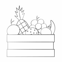 Crate box with fruit. Draw illustration in black and white