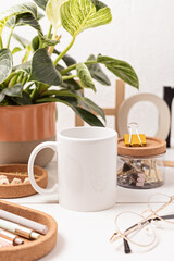 Modern eco friendly desktop with zero waste stationary and white mug mockup. Comfortable working space, sustainable life style concept