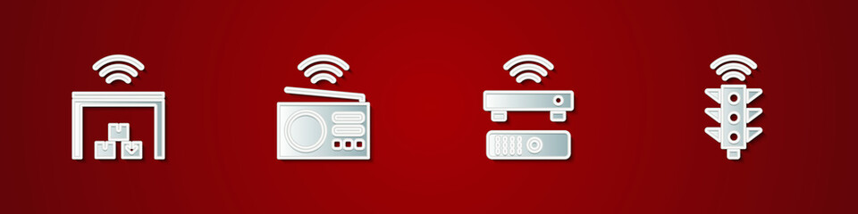 Set Smart warehouse, radio, Wireless TV box receiver and traffic light icon. Vector © vector_v