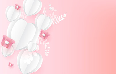 Valentine's day vector background.white pepaer hearts and gift boxs on pink background