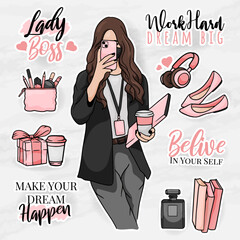 office element clip art set with a women lady boss modern sticker elements