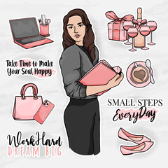 office element clip art set with a women lady boss modern sticker elements