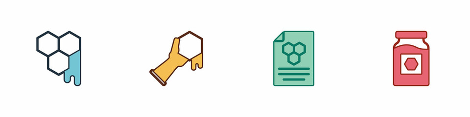 Set Honeycomb, and hand, and Jar of honey icon. Vector