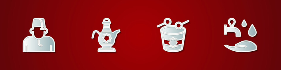 Set Muslim man, Islamic teapot, Ramadan drum and Wudhu icon. Vector