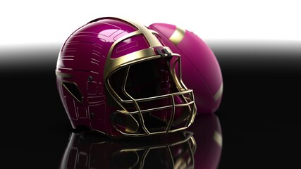 American football Gold-Wine Red helmet and Gold-Red Ball under black laser lighting. 3D illustration. 3D CG. 3D high quality rendering.