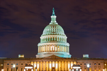 The United States Capitol at night, often called the Capitol Building, is the home of the United States Congress and the legislative branch of the U.S. federal government. Washington, United States.