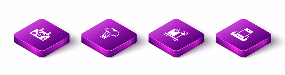 Set Isometric Aircraft steering helm, Box flying on parachute, Scale with suitcase and Metal detector airport icon. Vector