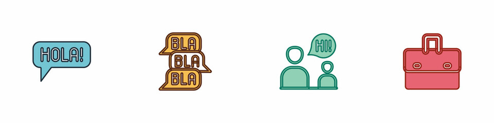 Set Hola in different languages, Speech bubble chat, Two sitting men talking and Briefcase icon. Vector © vector_v