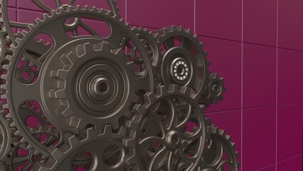 Mechanism dark brown metallic gears and cogs at work on purple plate under spot light background. Industrial machinery. 3D illustration. 3D high quality rendering. 3D CG.