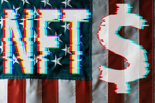 Cryptographic NFT word and dollar symbol with glitch effect on USA flag background. Crypto and Digital Art in modern world concept.