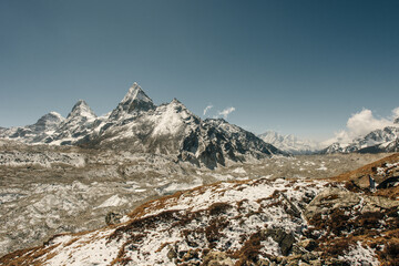 mountains view from Gokyo Ri. snowy mountains and clear skies in Himalayas, Nepal.