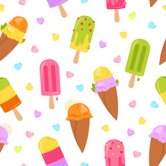 Ice cream cartoon wallpaper. Seamless pattern ice creams cone vanilla fruit, berry ice lolly. Kawaii summer sweet food repeat paper size. Scrapbook dessert endless ornament vector illustration