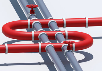 Gas pipeline. Pipes for transporting gas or oil. Winding pipeline For reverse delivery concept. Gray pipes with red valve. Pipelines for supply of export gas. Three-dimensional pipes. 3d image.