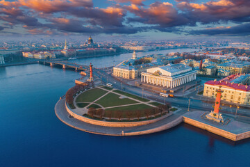 Saint Petersburg Museum. Russia architecture. Rostral columns in Saint Petersburg. Spit of...