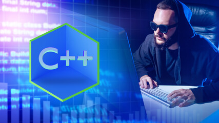 C ++ programming language. C ++ lettering and man on table. Development of computer applications. Job of programmer. C plus plus is programmer at computer. Software development with C ++ - obrazy, fototapety, plakaty