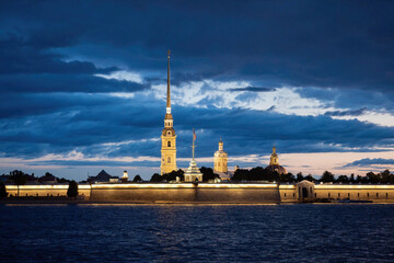 Saint Petersburg Museum. Russia fortress. Peter and Paul Fortress in Saint Petersburg. Spire of Peter and Paul Cathedral on background of evening sky. White nights in St. Petersburg. Russia travel