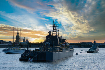 Saint Petersburg Neva. Russian army. Navy in Saint Petersburg. Naval military parade in Neva. Modern warship in front of Peter and Paul Fortress. Saint Petersburg sunset. Russian Federation Navy