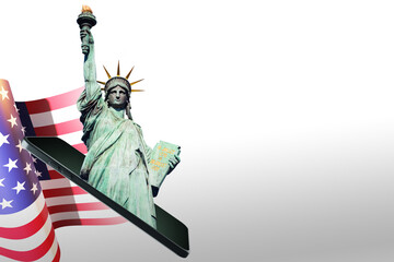 USA symbols. Statue of Liberty in phone screen. USA flag behind Statue of Liberty. Place for inscription on light background. Design for your advertisement. Banner United States of America. US apps