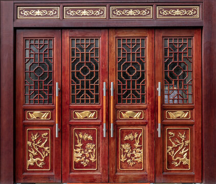 Chinese traditional building red carved wooden door
