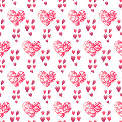 Fototapeta na wymiar Pattern with stylized pink hearts. Festive illustration for Valentines Day, birthday, weddings. Vector illustration isolated on white background. For souvenir shops, prints, labels, logos and social