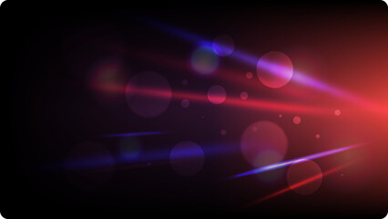 Multiple of red and blue laser lights glowing in the dark, with bokeh particles
