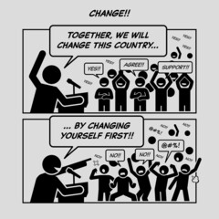 Funny comic strips. Change. Country leader giving speech and asking his people to change the country by changing themselves first. Comic depicts backlash, protest, sarcasm, and refuse to change. - obrazy, fototapety, plakaty