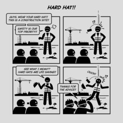 Funny comic strip. Hart hat. Construction site supervisor telling his workers and staffs to wear hard hat to protect themselves from occupational hazard. Comic depicts occupational health and safety.