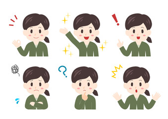 若い女性の表情イラストセット