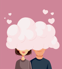 Couple in Love with Heads in the Clouds Vector Cartoon Illustration