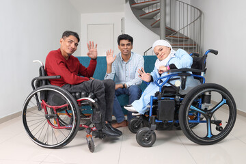 Obraz premium Group of southeast Asian adult child girl male female special need medical down adhd autism syndrome disabled wheelchair work study business discuss talk thumbs up wave success happy love hart