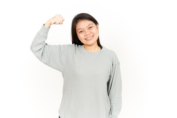 Showing Strength Arms Of Beautiful Asian Woman Isolated On White Background