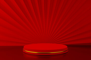 Red round podium stage with paper art fan Chinese style background for Chinese New Year concept, 3D Rendering.