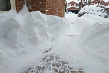 The footpath is covered with deep white snow in Canada for a weather or blizzard concept.