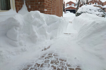 The footpath is covered with deep white snow in Canada for a weather or blizzard concept.