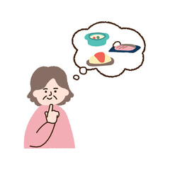 献立で悩む高齢女性　吹き出し