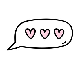 Cute speech bubble with hearts isolated on white background. Vector hand-drawn illustration in doodle style. Perfect for Valentines day designs, cards, decorations.